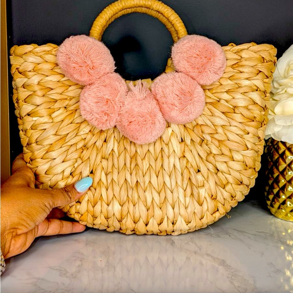 Pink Pom Pom Straw Handbag